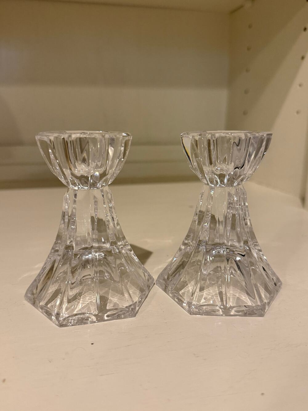 Vintage Clear Cut Crystal Candlestick Holders Pair Hexagonal Base Taper Candle